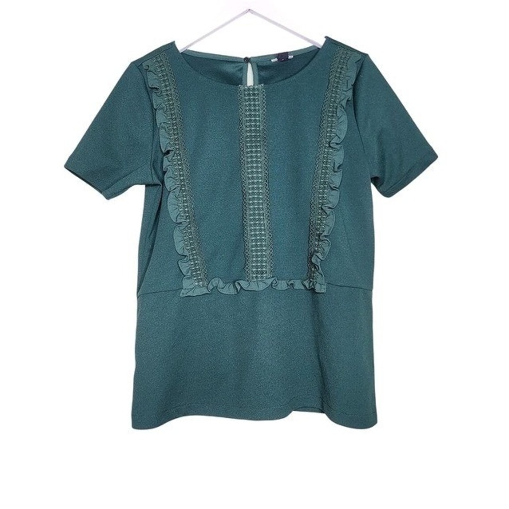 Ann Taylor Green Blouse Classic Business Work Ruffles Round Neck Preppy XS
